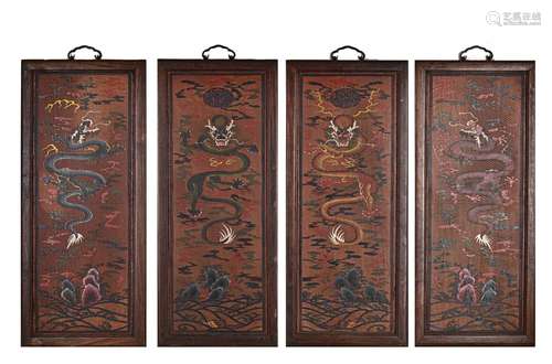 Large lacquer colored dragon pattern four screen