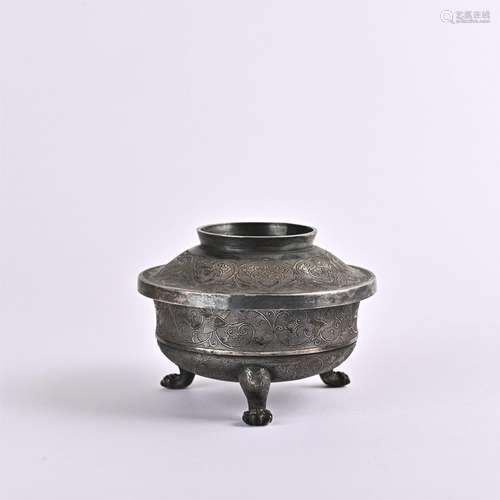 Bronze three legged peach covered bowl