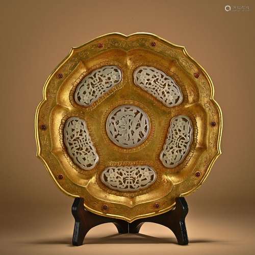 Gold plated sunflower mouth inlaid with jade incense plate