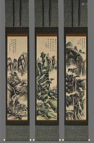 Three screens of Huang Binhong's ink (landscape treasure map...