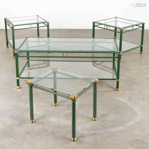 4 matching coffee and side tables, lacquered metal and glass...