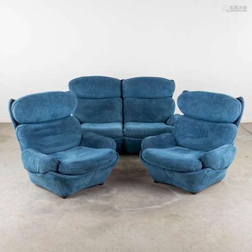 A three-piece salon suite, blue suede leather, in the style ...