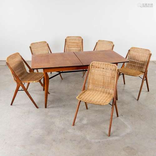 A mid-century table and 6 chairs, rotan and metal, teak wood...