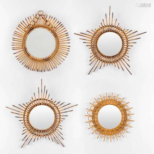 A set of 4 suburst mirrors, rotan and glass. 20th C. (D:54 c...