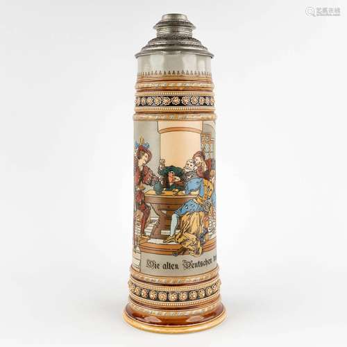 Mettlach, a large beer pitcher with polychrome decor, grès. ...