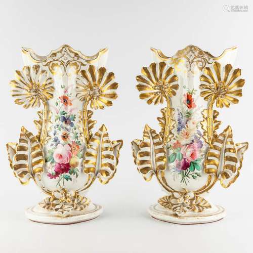 A pair of large Vieux Bruxelles porcelain vases with hand-pa...