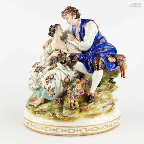 Volkstedt, a romantic scène, porcelain. 20th C. (D:27 x W:31...