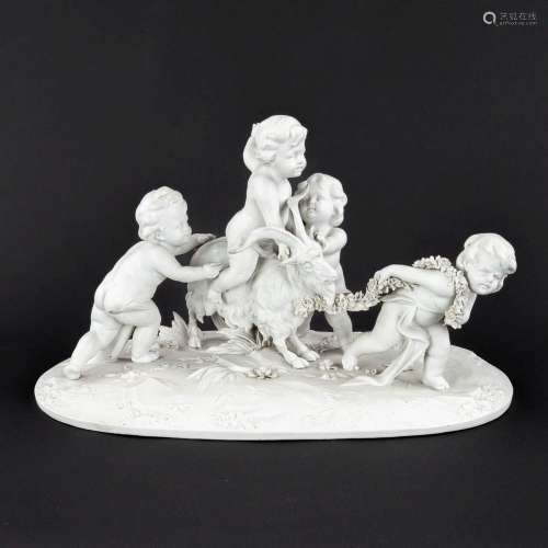 Rudolstadt Volkstedt, a porcelain group of putti with a Ram....