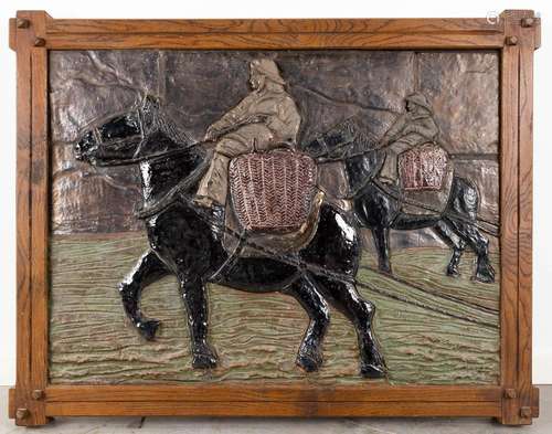 An antique glazed terracotta painting, 'Shrimp Fishermen'. (...