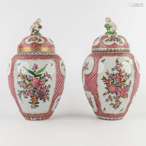 Samson, a pair of Oriental inspired vases with a hand-painte...