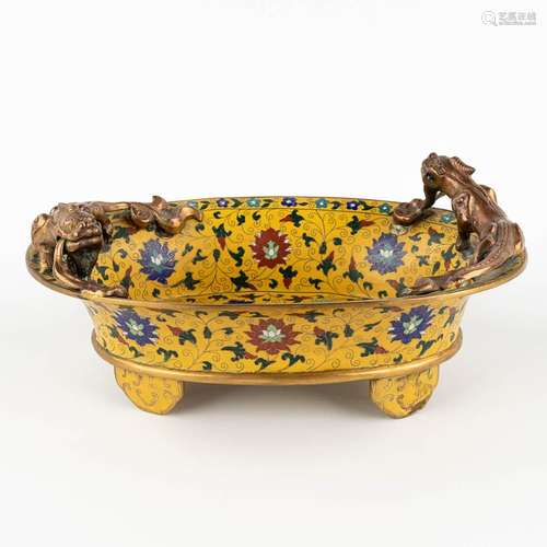 A Chinese cloisonné bronze bowl, mounted with dragons and fi...