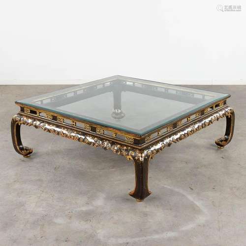 A large Oriental coffee table, wood and glass. 20th C. (D:12...