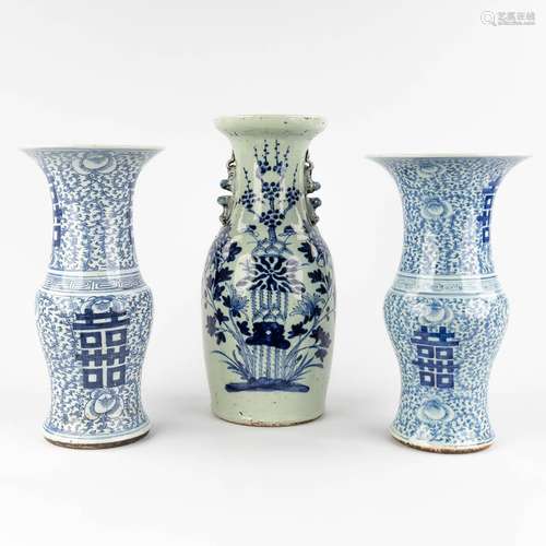 Three Chinese vases with a blue-white decor and Celadon. 19t...