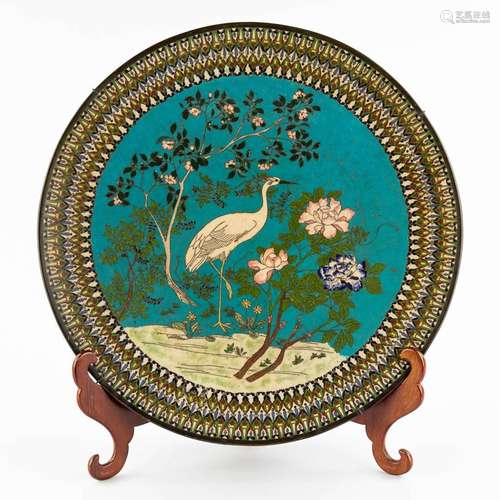 A large plate with a heron, cloisonné enamel, probably 19th ...