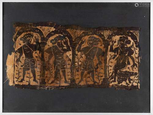 An antique fragment, woven fabric decorated with dancing fig...