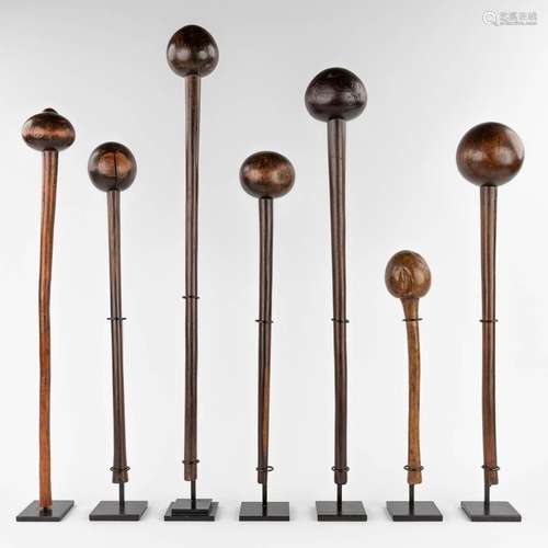 A collection of 7 Zulu Knobkerie, South Africa. Mounted on a...