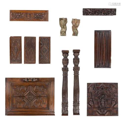 A large collection of panels, pieces and wood-sculptures, 16...