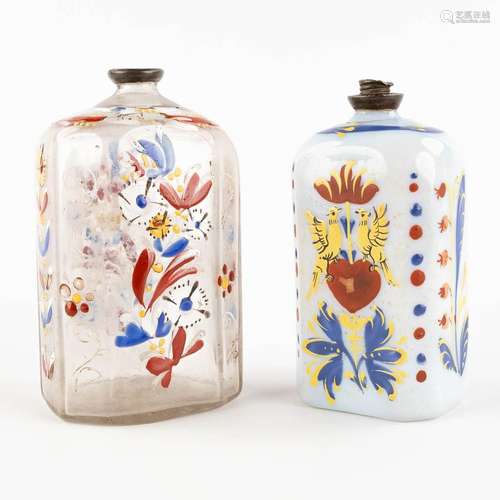 Two antique enamel hand-painted glass bottles, 17th/18th C. ...