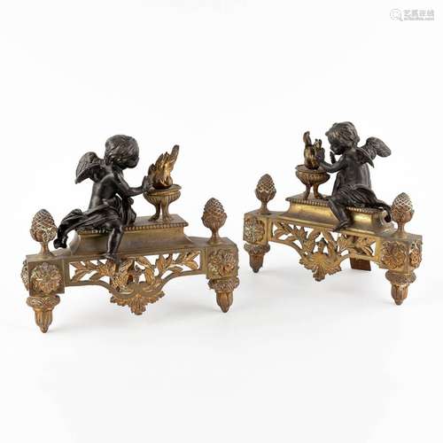 A pair of bronze fireplace andirons, gilt and patinated bron...