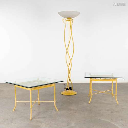 Two coffee tables and a standing lamp, yellow patinated meta...