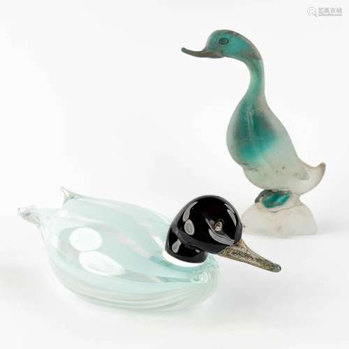 Two ducks, glass, Murano, Italy. Cenedese. (D:12 x W:30 x H:...