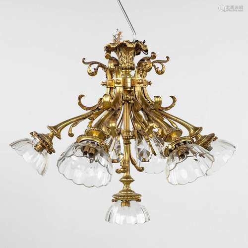 A ceiling lamp or Chandelier, bronze with cut crystal and 7 ...