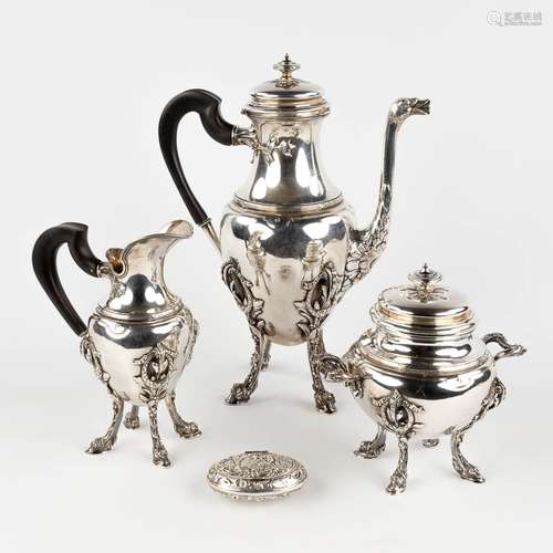 A coffee pot, milk jug and sugar pot, added a snuff box. Sil...