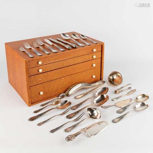 A 134-piece silver-plated cutlery in a storage box. Louis XV...