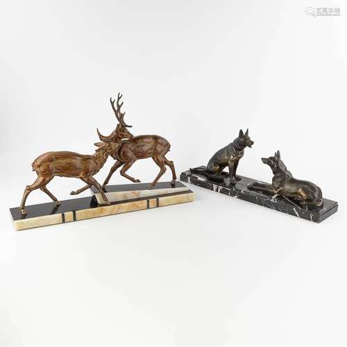 Deer and dogs, two spelter figurines mounted on marble. Art ...