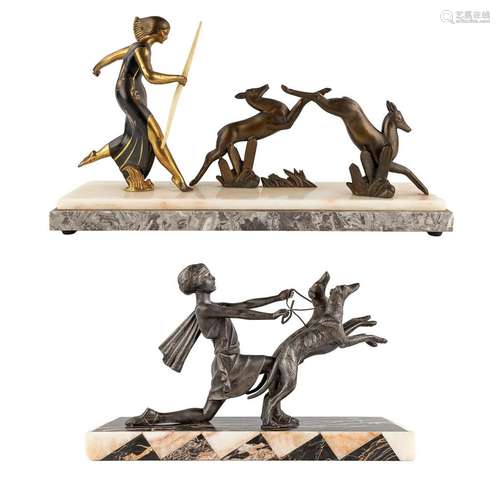 Diana with greyhounds, spelter mounted on onyx, Art Deco. (D...