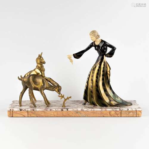 Feeding the deer, spelter and marble, Art Deco. (D:17 x W:60...