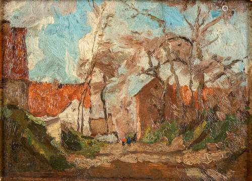 An antique painting 'Village in the spring' oil on panel. 19...