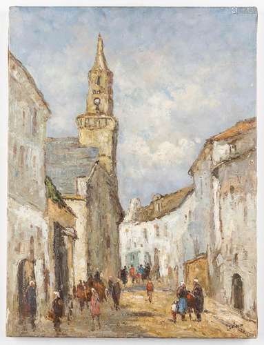 A painting 'Animated scène in the road', signed Ledoux. Oil ...