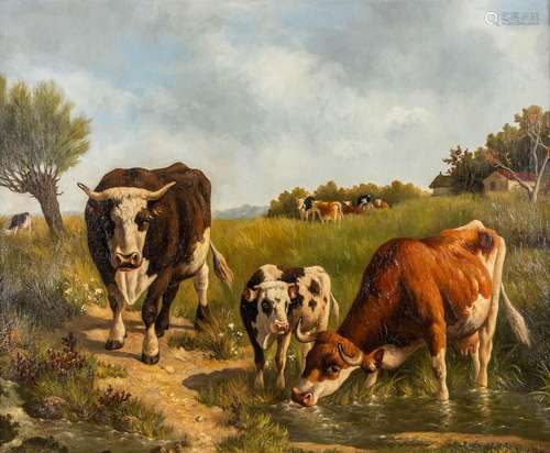 Nicolaas VAN BAARLE (1894-1962) 'Drinking Cattle' oil on can...