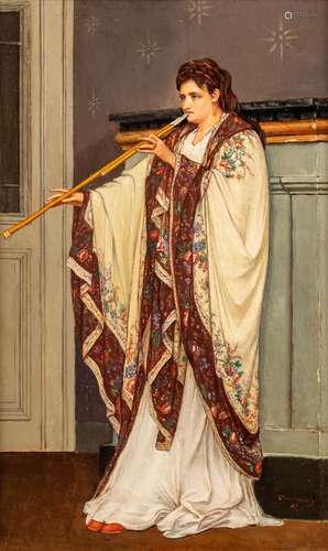 Karel VAN KEMMEL (1834-1885) 'Lady with a flute' oil on pane...