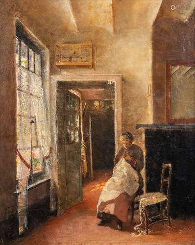 A painting, lady in an interior, oil on canvas. 19th C. (D:4...