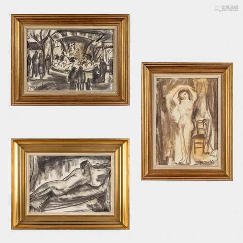 Paul PERMEKE (1918-1990) 'Three Drawings' charcoal on paper....