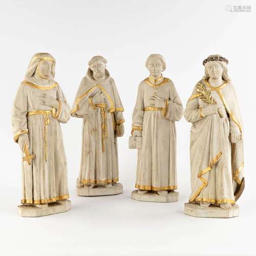 Four wood sculptured Holy figurines, 19th C. (H:39 cm)