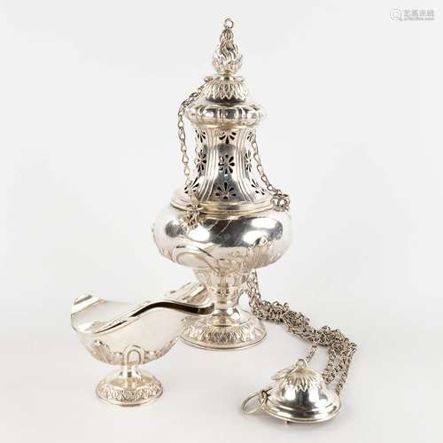 A silver incense burner, spoon, and incense boat, silver. 19...