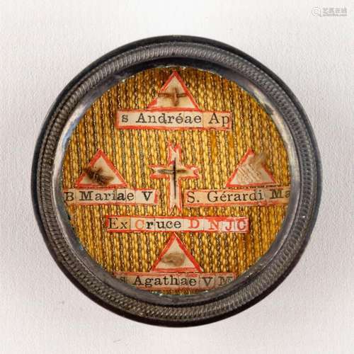 A sealed Theca with a relic and document: 'Ex Ligno Sacratis...