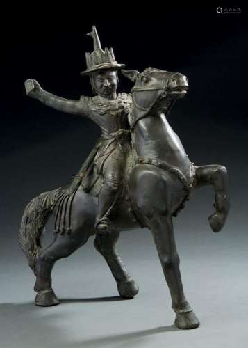 INDE  Guerrier sur son cheval Bronze à patine noire 43,5 x 3...
