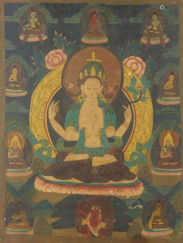 CHINE Tangka. Peint sur toile representant bodhisattva assis...