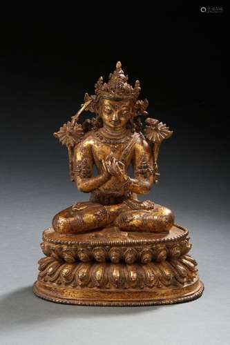 HIMALAYA, NÉPAL  Figurine en bronze ciselé et doré représent...