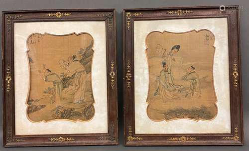 CHINE Scènes de personnages Deux peintures sur tissu avec in...