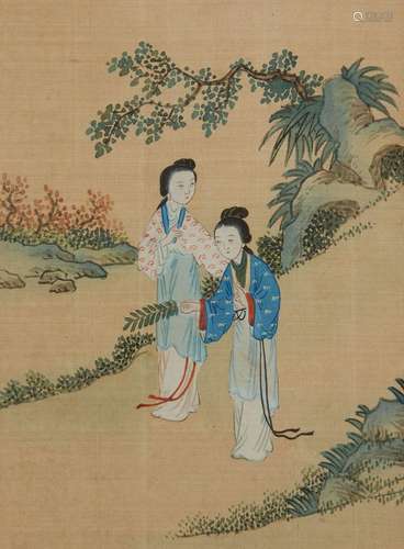 CHINE Gouache en couleurs sur tissu représentant deux femmes...