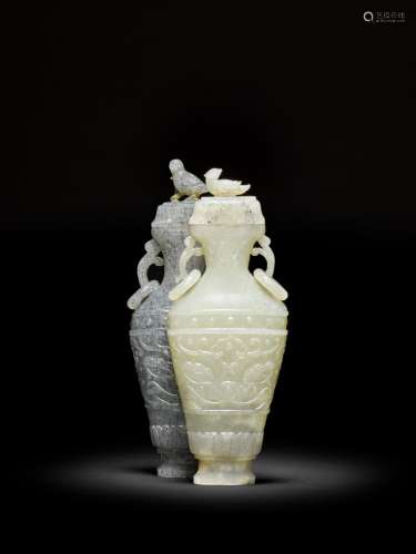 <br />
An unusual white and grey jade archaistic twin-vases ...