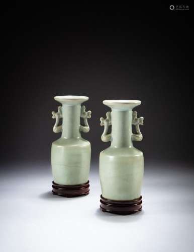 <br />
A rare pair of 'Longquan' celadon-glazed mallet vases...