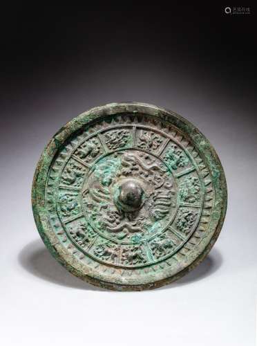 <br />
A silvery bronze 'zodiac' mirror, Tang dynasty | 唐 銅...