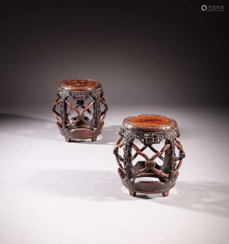 <br />
Two ‘hongmu’ ‘prunus’ barrel-shaped stools, Qing dyna...