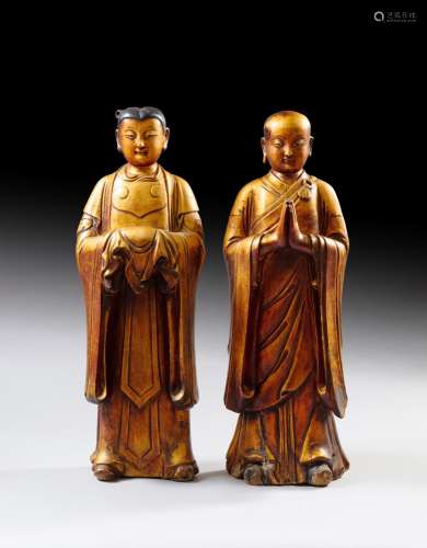 <br />
Two large lacquer-gilt wood standing figures of atten...